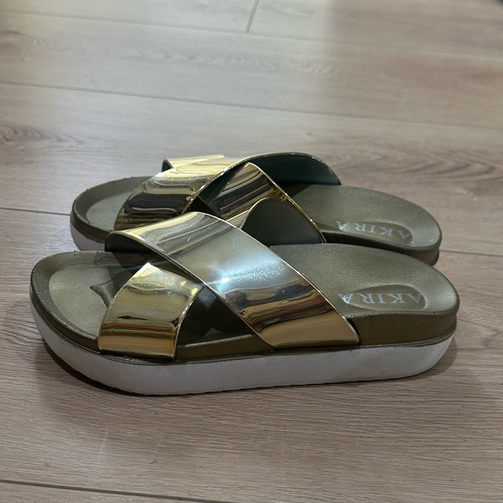Gold Metallic Platform Slide Sandals Mirror Finish Summer Glam Size 6.5